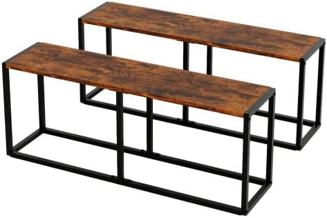 VINGLI Set of 2 Industrial Dining Benches, Rustic Brown Kitchen Table Benches w/Heavy Metal Frame, Non-Slip Foot Pads, Backless Dining Table Seating Benches for Entryway, Living Room & Small Spaces