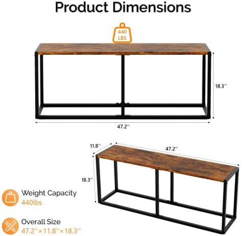 VINGLI Set of 2 Industrial Dining Benches, Rustic Brown Kitchen Table Benches w/Heavy Metal Frame, Non-Slip Foot Pads, Backless Dining Table Seating Benches for Entryway, Living Room & Small Spaces