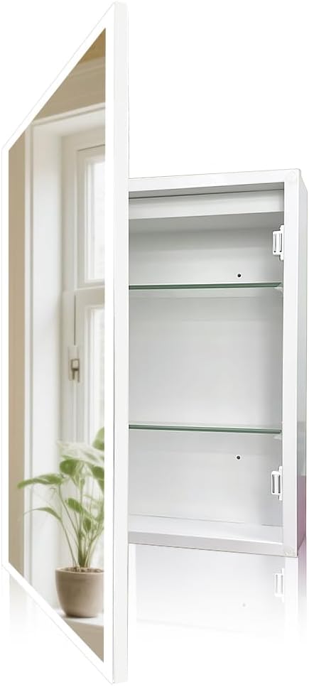 LED White Medicine Cabinet with Light,16×24inch,Recess Mirror Cabinet for Bathroom,3 Color,Dimmable,Demister,Detachable Side Plate,Recess Mount or Surface Mount