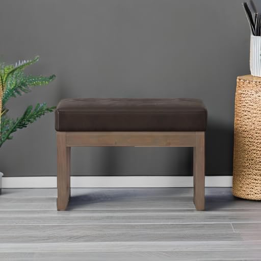 SIMPLIHOME Milltown Small Ottoman Bench - 27" Wide x 18" High Upholstered Vegan Leather Rectangle Footstool Ottoman in Distressed Brown, Contemporary Bench for Bedroom with Cushioned Seat, Assembled