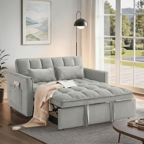 3 in 1 Convertible Sleeper Sofa Bed, Velvet Fabric Loveseat Sofa Bed with Adjustable Backrest & Large Side Pockets, Pull Out Couch for Small Spaces, Apartment, Living Room, Gray