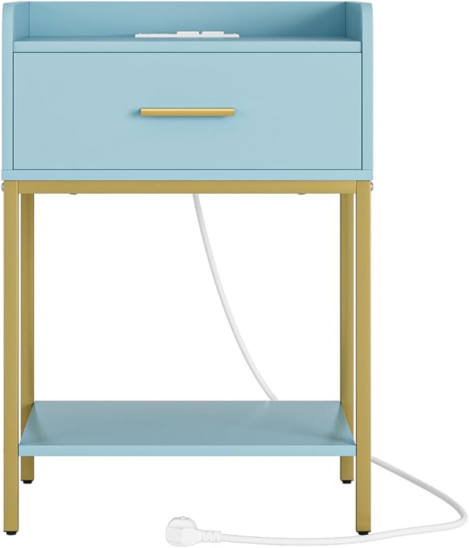 Nightstand with Charging Station,3-Tier Modern Bedside Table Night Stand with Storage Drawer and Open Shelf,Small End Side Table for Bedroom,Living Room,Blue