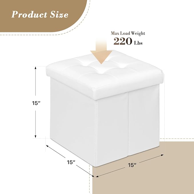 Athena Collection Leather Square Ottoman with Storage, 15 Inch Small Storage Ottoman, Multipurpose Footstool Foot Rest for Living Room, Bedroom, Dorm, White