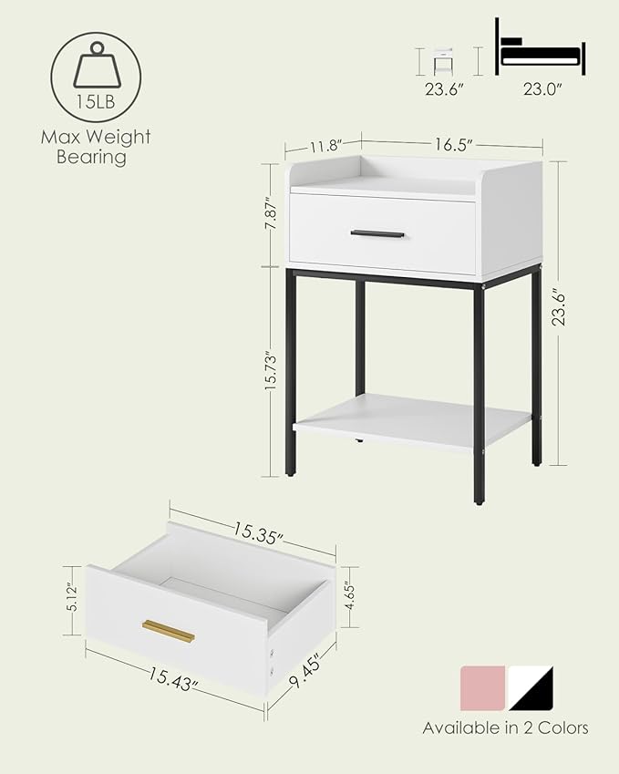Nightstand, Modern Bedside Table with Drawer and Legs,White and Black Night Stand with Open Shelf, Narrow Side Table for Bedroom, Living Room