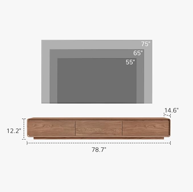Wood Base TV Stand, Mid-Century Modern Media Console with 3 Storage Drawers, Fits 65–100 Inch TVs, Low Profile Entertainment Center for Living Room(Walnut, 78.74", Floor Standing (Wood Base))