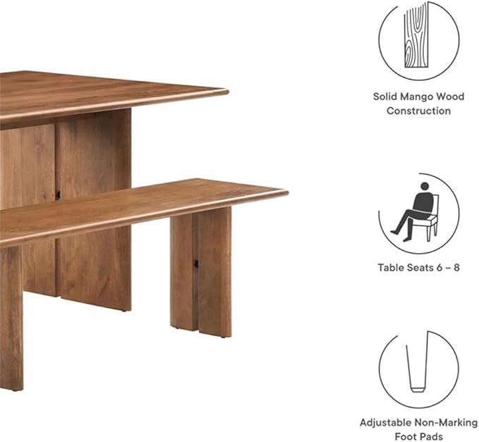 Modway Amistad 72" Solid Wood Modern Farmhouse Rectangular Dining Table and Bench Set in Walnut