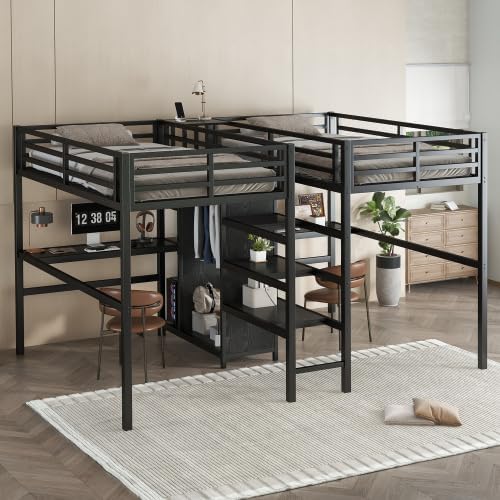 Harper & Bright Designs Twin Metal Loft Bed with Desk and Wardrobe for 2, Double Loft Bed Frame with Storage Shelf and Electrical Outlet, Black