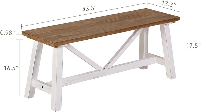Wnutrees 43" Farmhouse Solid Wood Bench, Narrow Long Seat for Entryway Living Room Dining Area, White