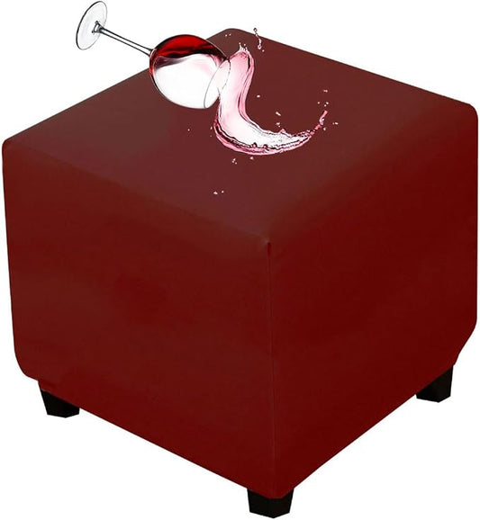 Waterproof Ottoman Cover Square Stretch PU Soft Folding Storage Ottoman Cover with Elastic Bottom Cube Footrest Foot Stool Slipcovers Machine Washable(Small/Wine red)