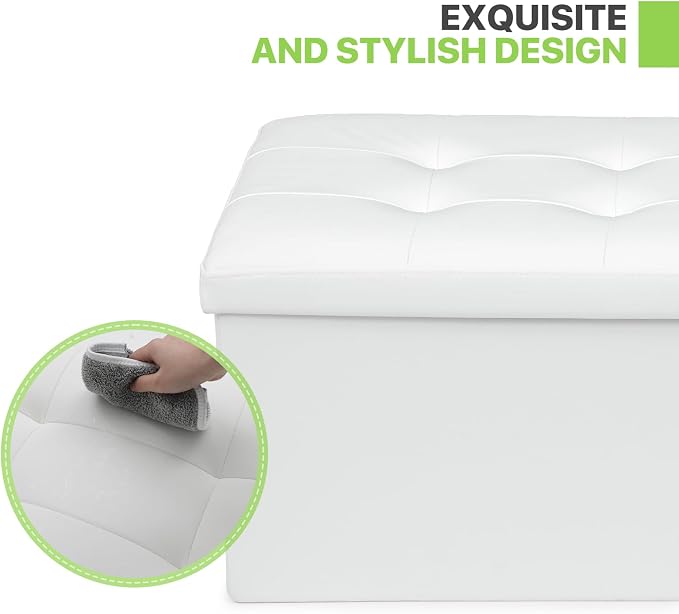 Magshion Folding Storage Ottoman Bench, 30 Inches PU Leather Ottoman Foot Rest, End of Bed Bench, Storage Chest for Living Room, Entryway, Bedroom, 600 lbs Load Capacity, White