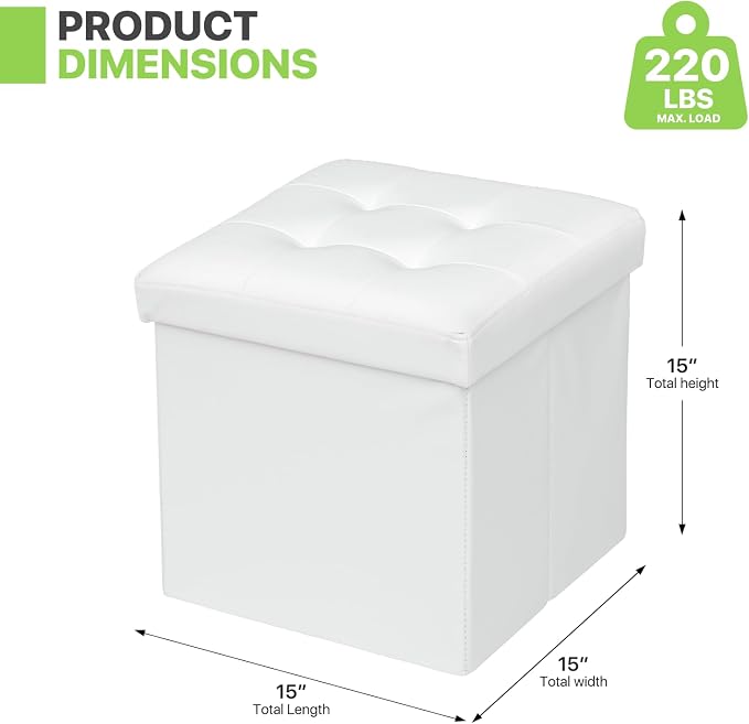 Magshion Folding Ottoman Cube, 15 x 15 x 15 Inches PU Leather Footrest Stool, Small Square Ottoman with Hidden 42L Storage for Entryway, Living Room, Dorm, Bedroom, White