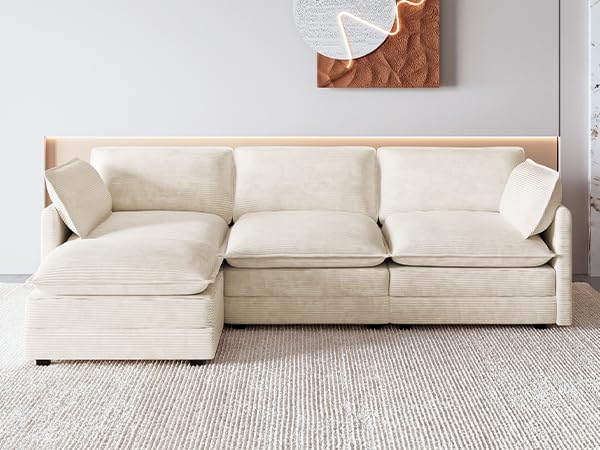 ROWHY 112'' Oversized Modular Sectional Cloud Couch with Movable Ottoman, 4 Seat Modern Corduroy Sofa, Deep Seat L Shaped Couch for Living Room Bedroom Apartment, Cream