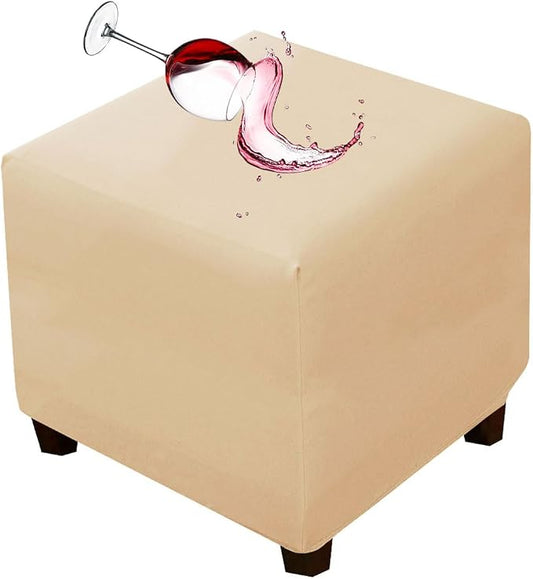 Waterproof Ottoman Cover Square Stretch PU Soft Folding Storage Ottoman Cover with Elastic Bottom Cube Footrest Foot Stool Slipcovers Machine Washable(Small/Beige)