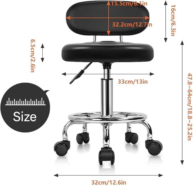 KKTONER PU Leather Modern Rolling Stool with Low Back Height Adjustable Work Salon Drafting Swivel Task Chair with Footrest (Black)