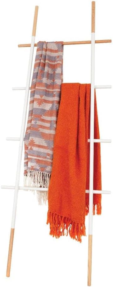 Freestanding Towel Ladder Rack, Space Saving, No-Scratch Wood, for Household Use, White