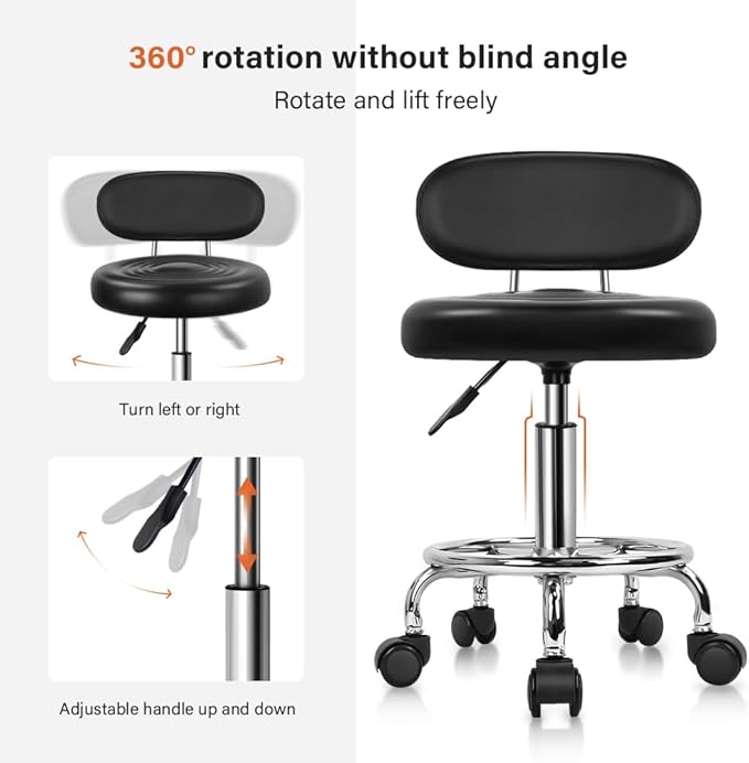 KKTONER PU Leather Modern Rolling Stool with Low Back Height Adjustable Work Salon Drafting Swivel Task Chair with Footrest (Black)