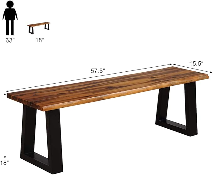 Giantex 57.5" Live Edge Acacia Wood Bnech, 3-Person Backless Outdoor Dining Bench with Metal Legs & Adjustable Foot Pads for Entryway, Balcony, Porch, Backyard, Garden and Poolside (1 Pack)