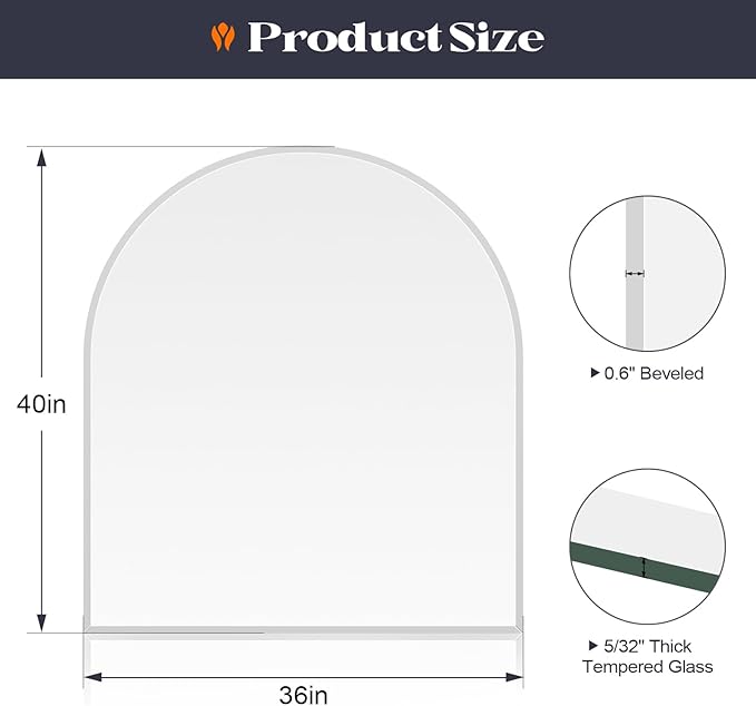 Frameless Bathroom Mirror, 36" x 40" Arched Vanity Mirror for wall Beveled, Arch Wall Mounted Mirror for Over Sink, Bedroom, Mantel