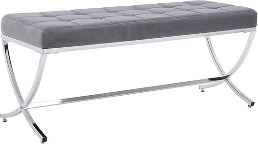 HEAH-YO Modern Dining Bench for Table, Button Tufted Ottoman Bench with Metal Legs, Upholstered Velvet Fabric Footstool for Living Room Entryway, Grey