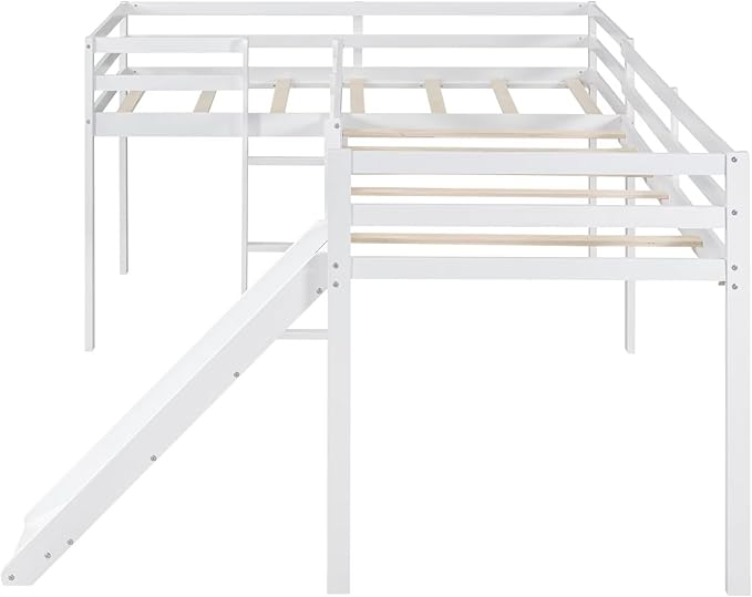 Merax Twin Size Double Loft Bed with Slide and Ladder, Wooden L-Shaped Bed Frame with Full-Length Guardrail, Wood Bedframe for Kids Teens Adults Bedroom, 2 Twin Beds,White