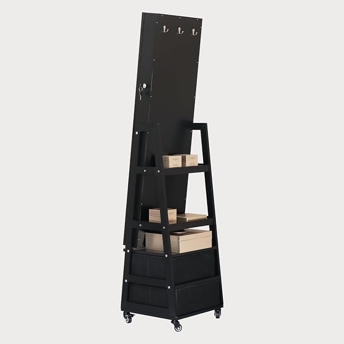 Jewelry Cabinet with Standing Mirror Lockable Full Length Mirror with Drawers Jewelry Organizer Armoire with Wheels,Floor Mirror with Back Storage Shelves for Bedroom Christmas Gift for Friend Black