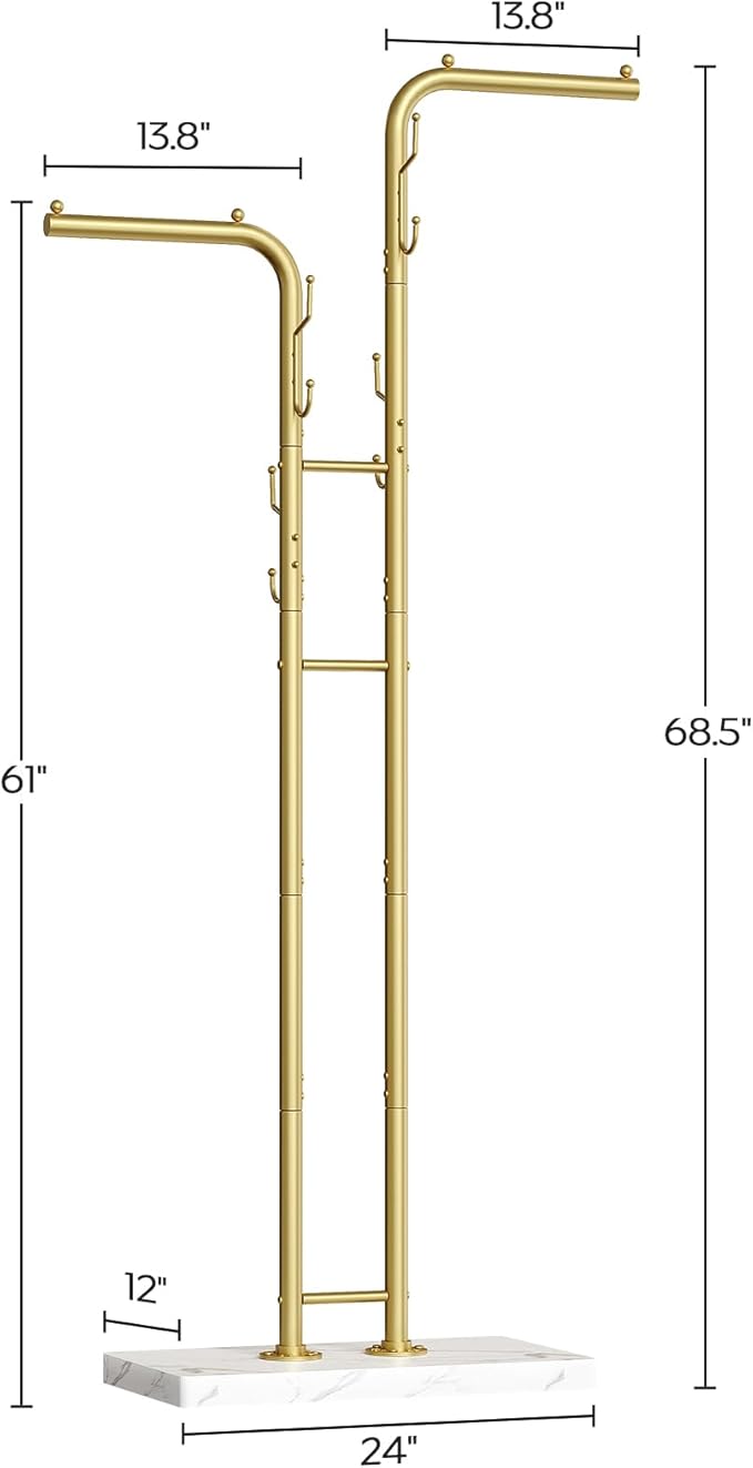 YATINEY Gold Coat Hanger Stand, Floor Standing Coat Rack, Entryway Coat Tree with 8 Hooks and Marble-Look Base, Modern Double-Pole Metal Clothes Rack for Entrance, Living Room, Bedroom, YM02DWY1