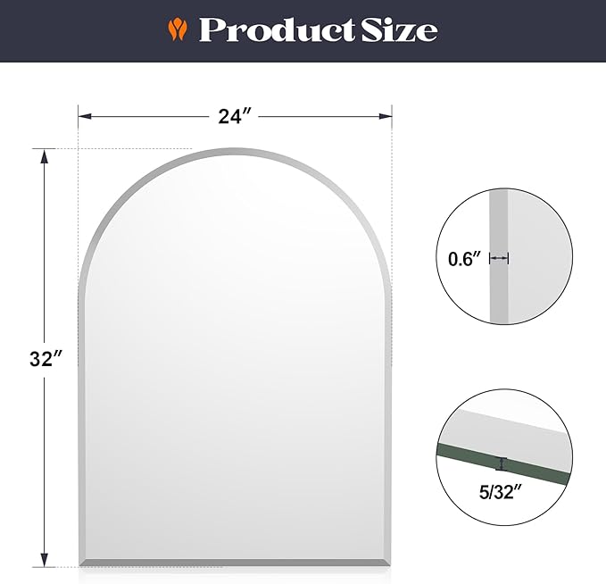 Frameless Bathroom Mirror, 24" x 32" Arched Vanity Mirror for Wall Beveled, Arch Wall Mounted Mirror for Bedroom, Entryways, Over Sink