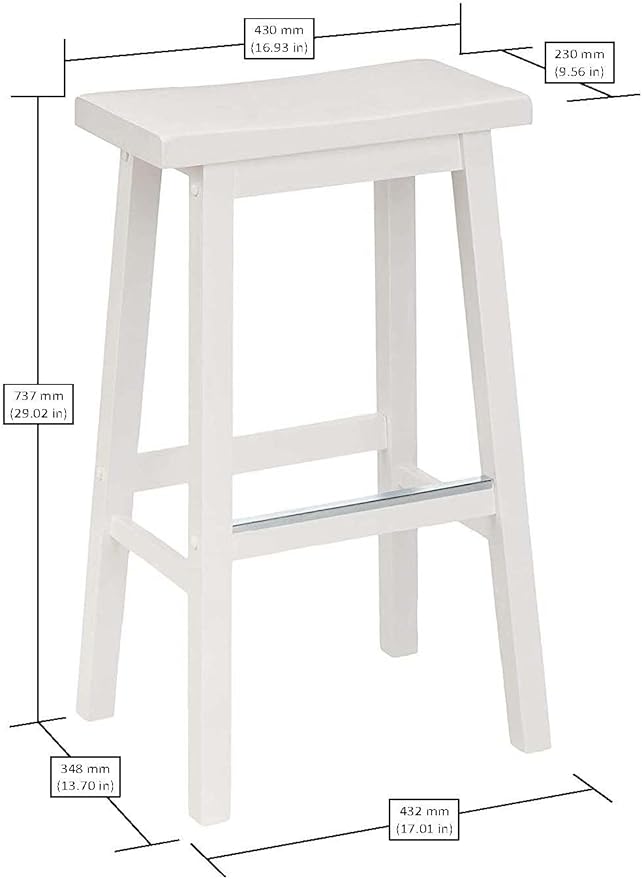 Amazon Basics Solid Wood Saddle-Seat Counter Height Bar Stools for Kitchen Island and Home Bar with Footrest, 29-Inch Height, White, Set of 2