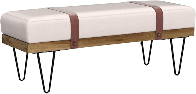 HEAH-YO Industrial Entryway Bench Set of 1, 44 Inches End of Bench with Padded Seat Cushion, Uphlstered Linen Fabric Dining Bench for Kitchen Living Room, Beige