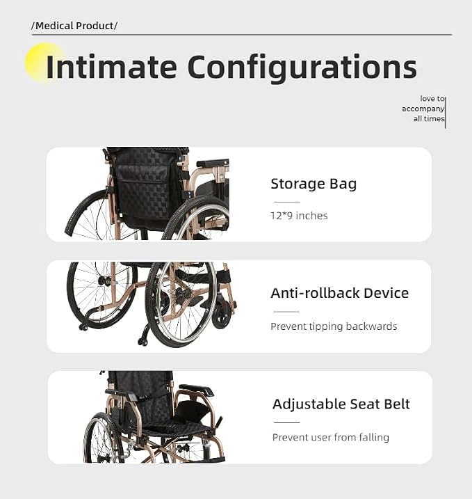 Lightweight Foldable Wheelchair for Adults - Aluminum Frame with Square Tube Design, 18" Seat & 22" PU Wheels, Front/Rear Locking Brakes, Champagne Gold