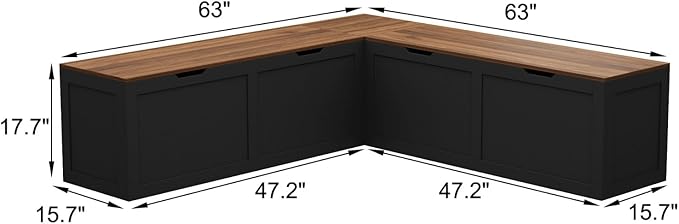 L Shape Kitchen Breakfast Nook Bench, Kitchen Corner Nook Bench Seating with Hidden Storage, Corner Dining Seat for Entryway, Black and Brown, 63”D x 63”W x 17.7”H