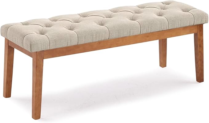 Ottoman Bench Upholstered Padded Seat with Solid Wood Legs and Button-Tufted, Big Oversized Ottoman, Linen Taupe