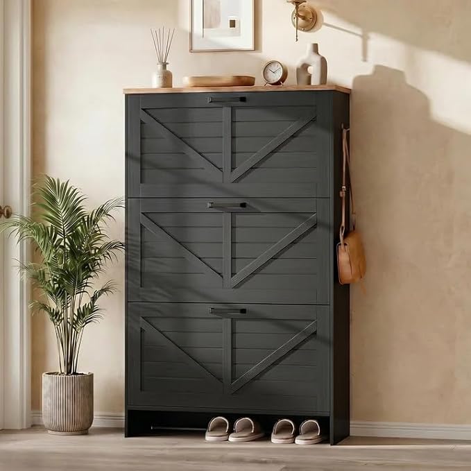 Nicetree Shoe Storage Organizer with 3 Flip Drawers, Freestanding Fluted Accent Narrow Shoe Rack, Farmhouse Shoe Cabinet with 3-Tier Adjustable Shelves for Hallway Foyer Rustic Black