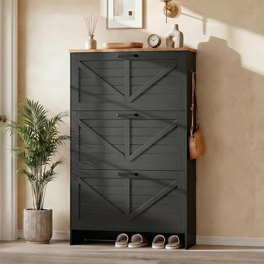 Nicetree Shoe Storage Organizer with 3 Flip Drawers, Freestanding Fluted Accent Narrow Shoe Rack, Farmhouse Shoe Cabinet with 3-Tier Adjustable Shelves for Hallway Foyer Rustic Black