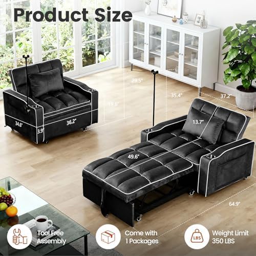 Sleeper Chair, Convertible Pull Out Chair Sleeper with Bracket and Cup Holder, Chairs Bed Sleepers with USB Ports for Adults, 3 in 1 Single Sofa Bed for Small Spaces, Living Room, Black