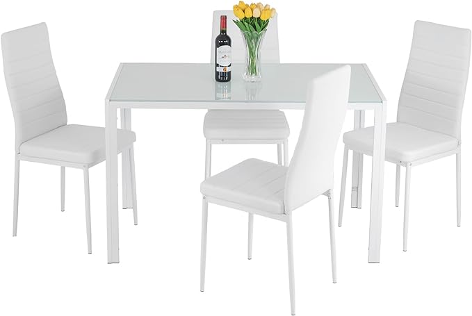 FDW | 5-Piece Dining Table Set | White | Glass Kitchen Table with 4 Upholstered Chairs and Faux Leather Cushions | Space-Saving and Modern Design | for Dining Room, Easy to Assemble