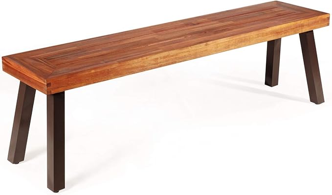 Giantex 60" Acacia Wood Bnech, 3-Person Backless Outdoor Patio Dining Bench with Metal Legs & Adjustable Foot Pads for Entryway, Balcony, Porch, Backyard, Garden and Poolside (1 Pack)