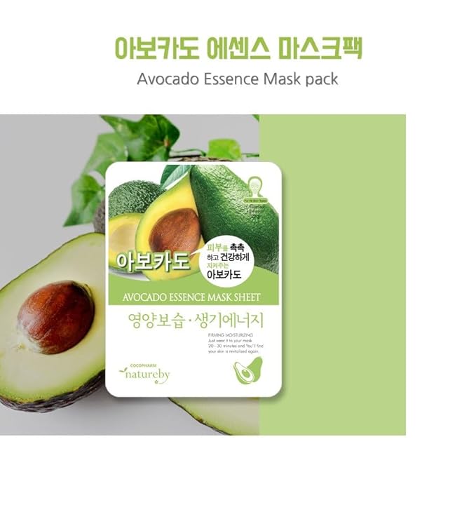 TNB Natureby Collagen Essence Korean Face Mask(10 sheets), Moisturizing Mask Sheet Pack, Korean Skin Care For All Skin Types. (Avocado)
