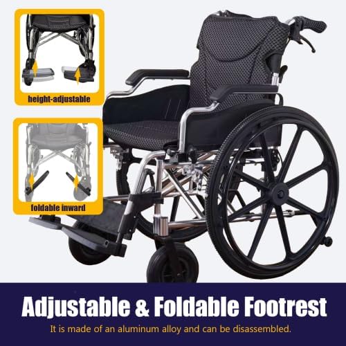 Lightweight Aluminum Alloy Transport Wheelchair for Adults - 20" Wide Seat with Front/Rear Locking Brakes, 24" Quick-Release Wheels, Foldable Design, 350 lbs Capacity (Bright Silver)