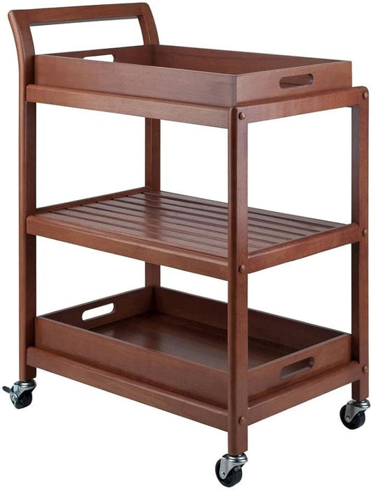 Furnifact Solid Wood Kitchen Cart On Wheels with Two Removable Serving Trays, Slatted Shelf, and Locking Casters, Versatile Bar Cart