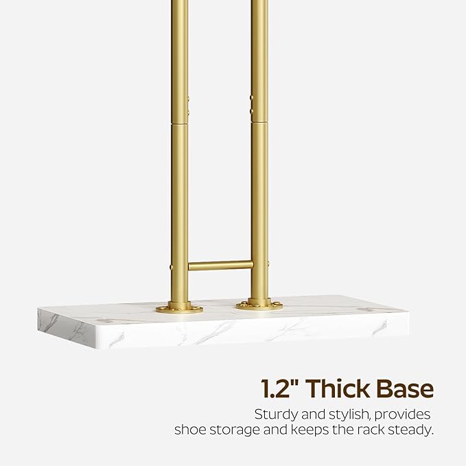 YATINEY Gold Coat Hanger Stand, Floor Standing Coat Rack, Entryway Coat Tree with 8 Hooks and Marble-Look Base, Modern Double-Pole Metal Clothes Rack for Entrance, Living Room, Bedroom, YM02DWY1