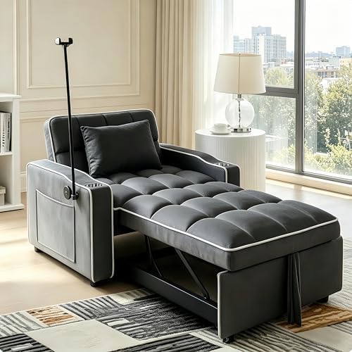 Sleeper Chair, Convertible Pull Out Chair Sleeper with Bracket and Cup Holder, Chairs Bed Sleepers with USB Ports for Adults, 3 in 1 Single Sofa Bed for Small Spaces, Living Room, Black