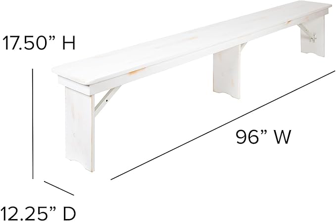 Flash Furniture Hercules Commercial Grade Farmhouse 3 Leg Bench - Solid Pine Foldable Bench with Seating for 4 - 8'x12" - Antique Rustic White
