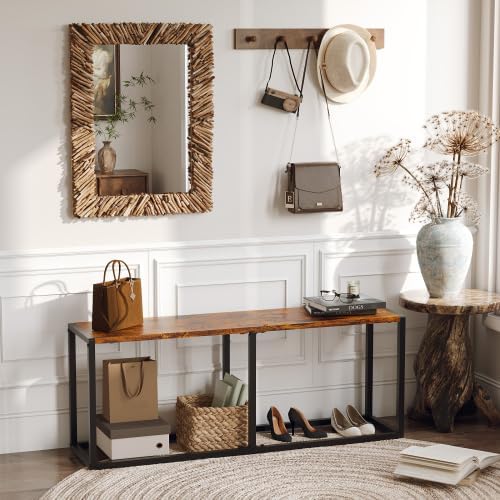 VINGLI Set of 2 Industrial Dining Benches, Rustic Brown Kitchen Table Benches w/Heavy Metal Frame, Non-Slip Foot Pads, Backless Dining Table Seating Benches for Entryway, Living Room & Small Spaces