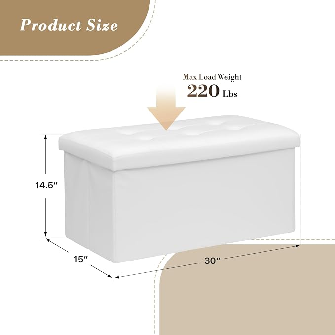 Athena Collection Leather Ottoman with Storage, 30 Inches Large Storage Ottoman Bench with 90L Storage, End of Bed Bench Foot Rest for Living Room, Bedroom, Entry, White