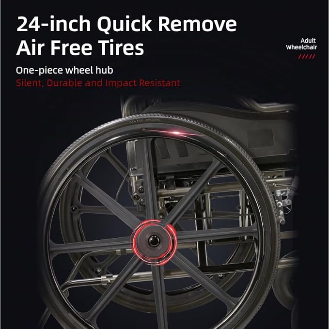Lightweight Foldable Manual Wheelchair for Adults with 18" Seat & 300 lbs Capacity - Front/Rear Locking Brakes, 24" Quick-Release PU Wheels, Removable Footrest (Silver)