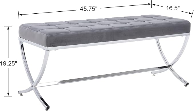 DUOMAY Modern Tufted Ottoman Bench, Velvet Upholstered Dining Bench, Button Tufted Footrest Stool Vanity Seat with with X Metal Legs, 45.75" W x 16.5" D x 19.25" H, Grey