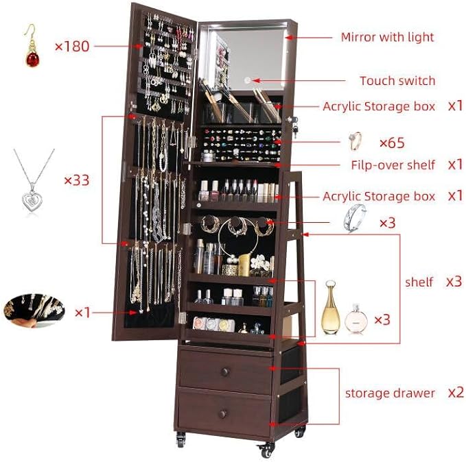 Rotating Standing Jewelry Cabinet with Lockable,Full Length Mirror with Storage Large Capacity Jewelry Organizer Armoire Floor Mirror with Back Storage Shelves for Bedroom Brown