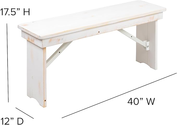 Flash Furniture HERCULES Series 40" x 12" Antique Rustic White Solid Pine Folding Farm Bench