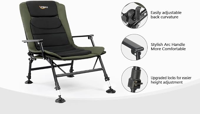 VINGLI Oversized Fishing Chair Heavy Duty Support 440 LBS, 160° Freely Adjustable Reclining Folding Chairs, Lounge Travel Outdoor Seat with High Back for Fishing Camping or Leisure